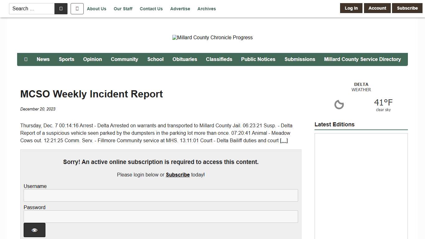 MCSO Weekly Incident Report - Millard County Chronicle Progress